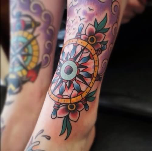 Traditional Ship Wheel Tattoo Design For Leg
