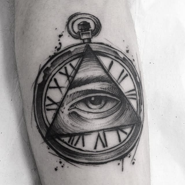 Triangle Eye In Pocket Watch Tattoo Design