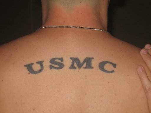 USMC Word Tattoo On Upper Back