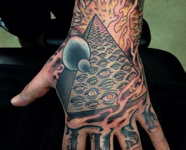 Unique Eyes In Pyramid Tattoo On Hand