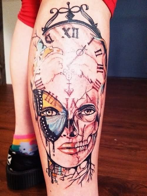 Unique Face With Clock Tattoo On Right Leg