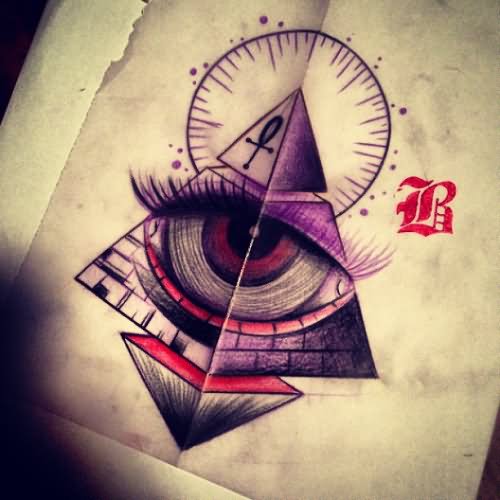 Unique Purple Eye In Pyramid Tattoo Design