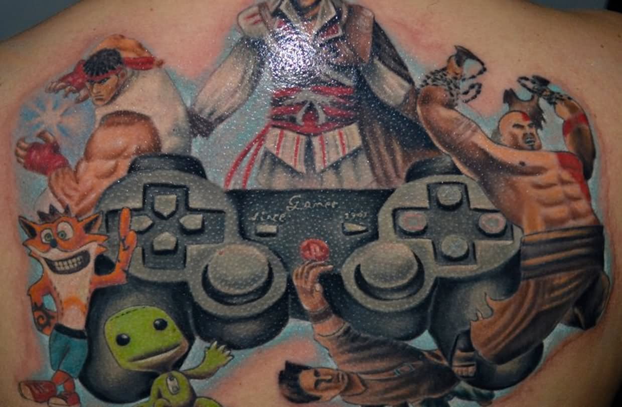 Video Game Characters And Remote Tattoo On Upper Back