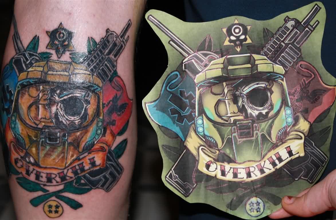Video Game Gun And Helmet Tattoo On Arm