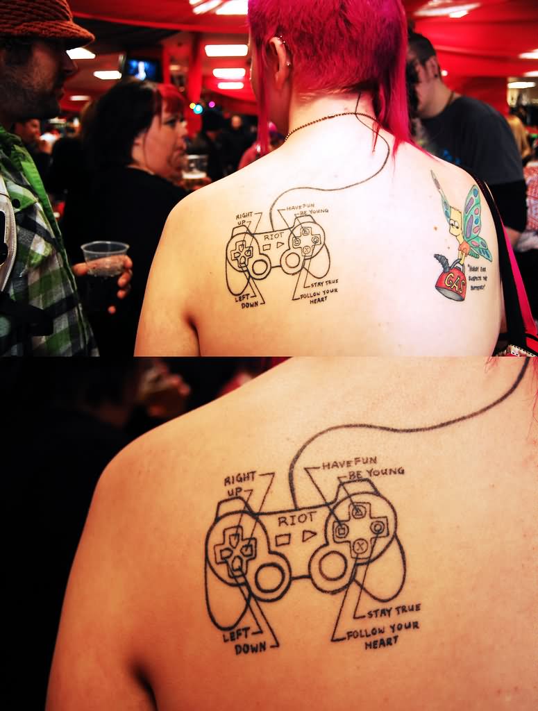 Video Game Remote Control Tattoo On Back Shoulder