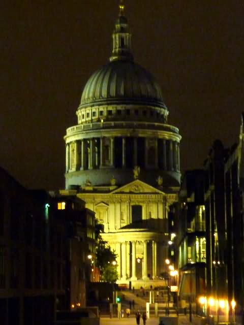 View Of St Paul's Cathedral At Night From The North End Of The Millennium Bridge