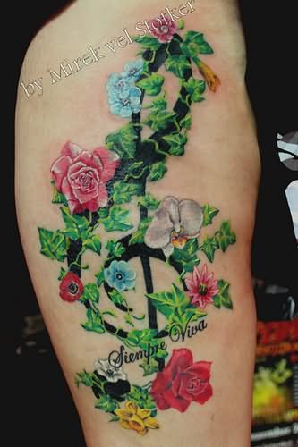 Violin Key With Ivy Flowers Tattoo Design For Men Sleeve