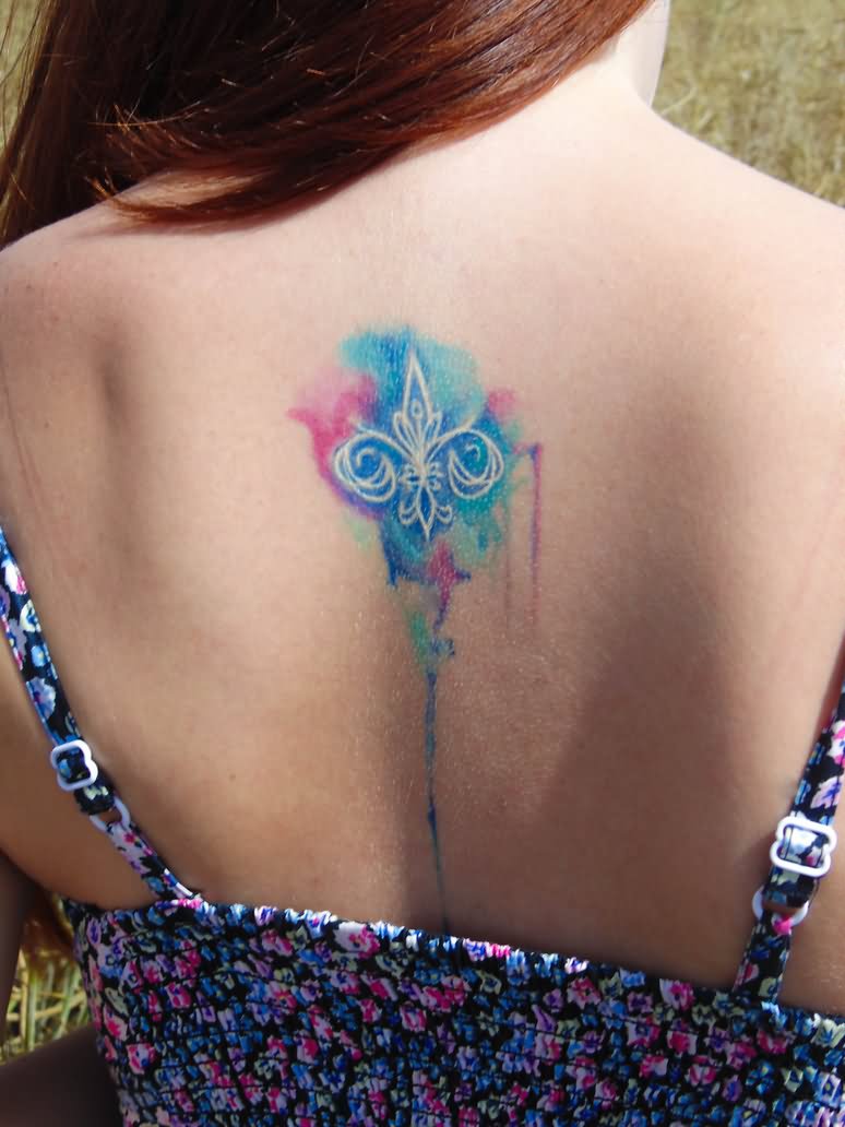 Watercolor Fleur De Lis Tattoo On Girl Upper Back