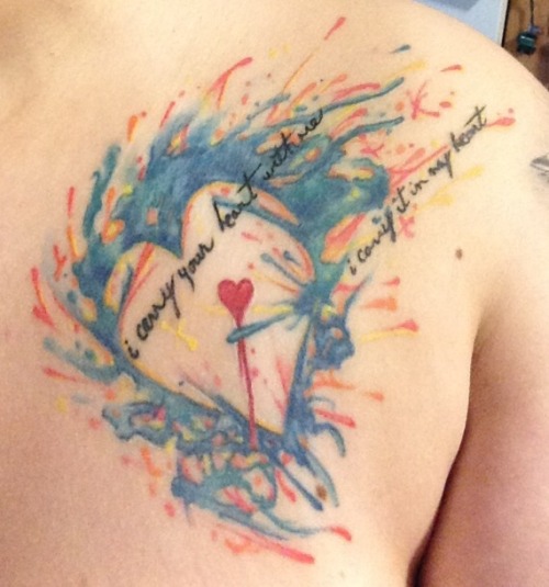 Watercolor Heart With Literary Tattoo On Right Back Shoulder