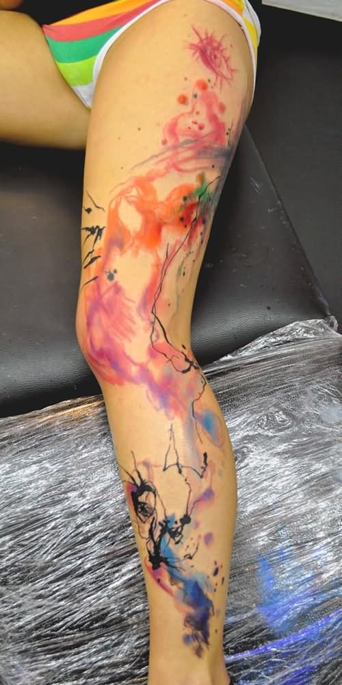 Watercolor Tattoo On Left Full Leg