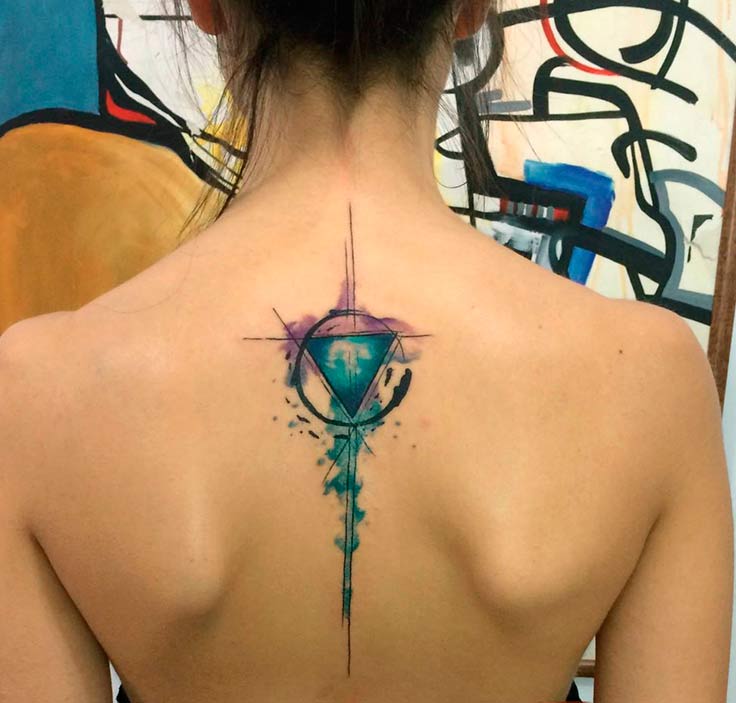 Watercolor Triangle Tattoo On Girl Upper Back