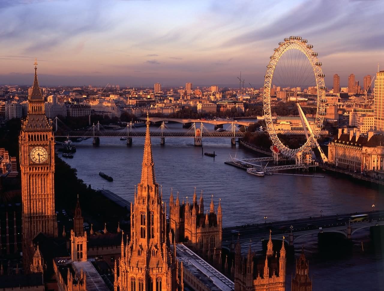 Westminster Abbey, London Eye And Big Ben During Sunset Picture
