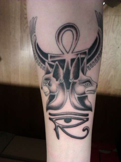 Winged Ankh Bastet And Anubis Egyptian Tattoo On Arm