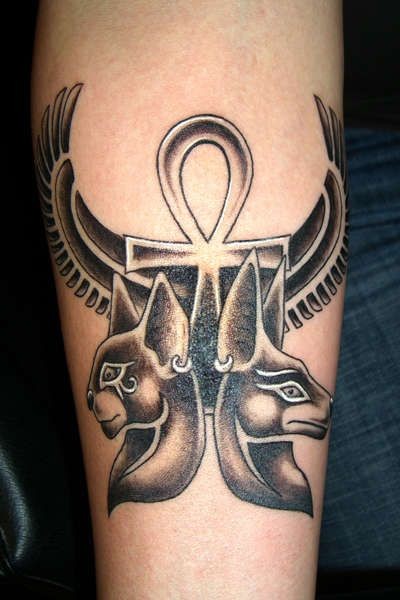 Winged Ankh With Bastet And Anubis Egyptian Tattoo