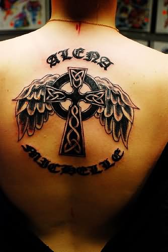 Winged Celtic Cross Irish Tattoo On Back