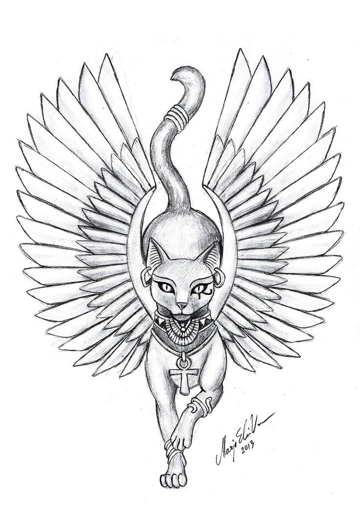 Winged Egyptian Cat Tattoo Design