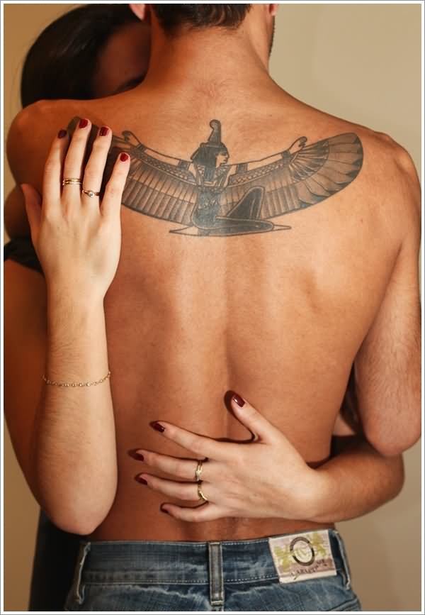 Winged Girl Egyptian Tattoo On Man Upper Back