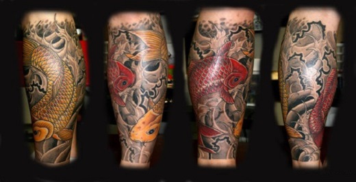 Yellow And Red Two Koi Fishes Tattoo Design For Leg