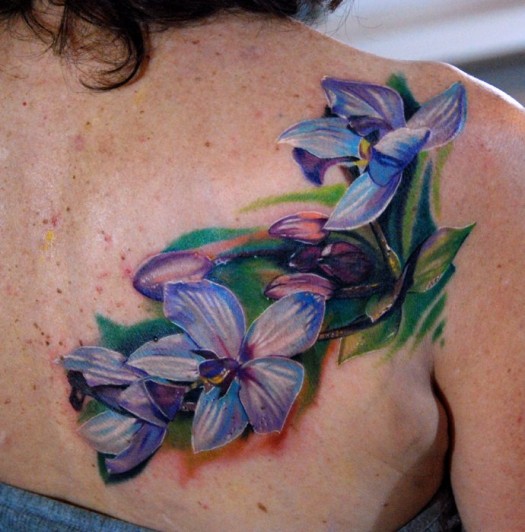 3D Blue Orchid Tattoo On Back Shoulder