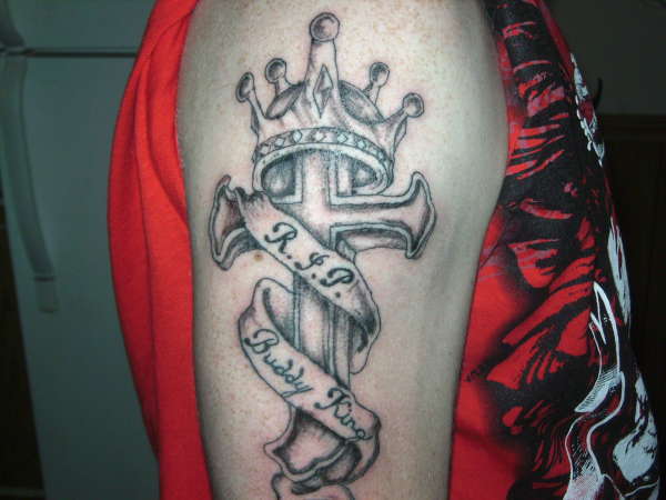 3D Cross With King Crown And Banner Tattoo On Half Sleeve