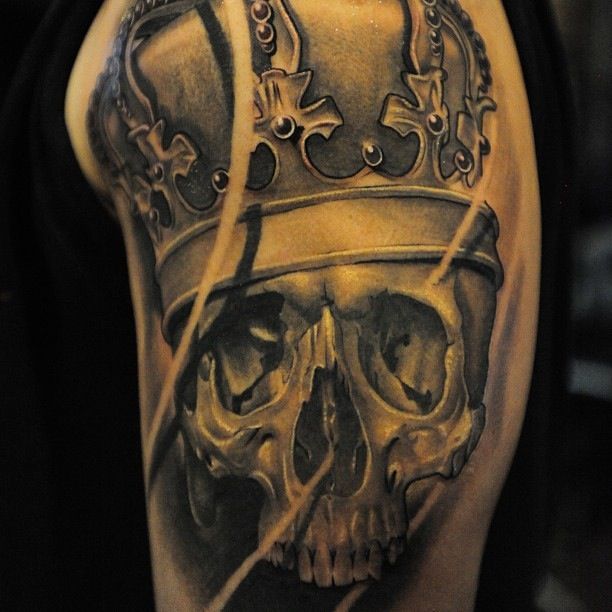 3D King Skull With Crown Tattoo Design For Half Sleeve