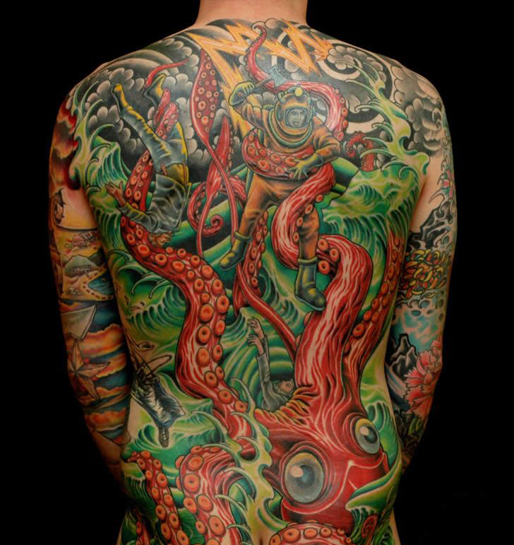 3D Octopus Scenery Tattoo On Man Full Back