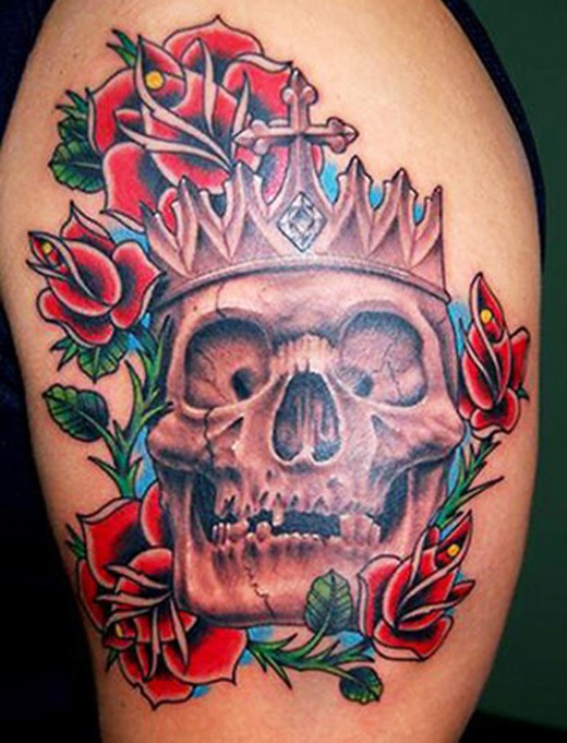 3D Skull With King Crown And Roses Tattoo Design