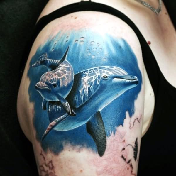 3D Two Dolphins In Water Tattoos On Right Shoulder