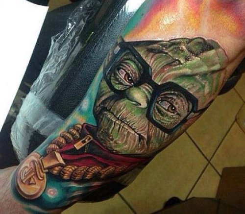 3D Yoda Geek Tattoo On Left Sleeve