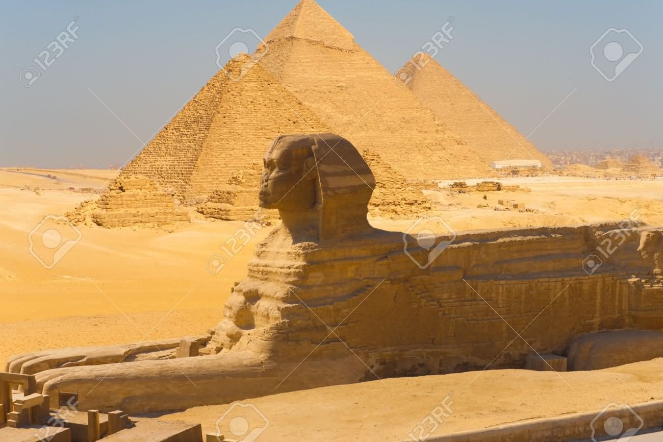A Side View Of The Great Sphinx With All The Pyramids