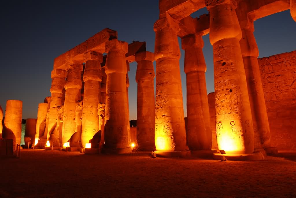 Adorable Columns Inside The Luxor Temple At Night