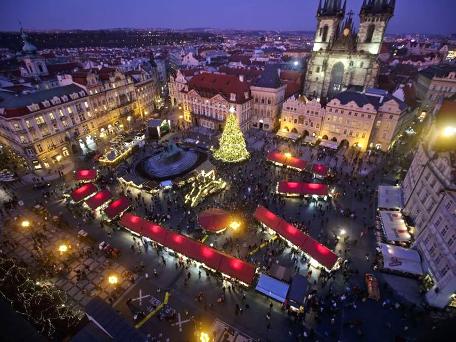 Aerial View Of Christmas Markets Open In Old Town Square, Prague