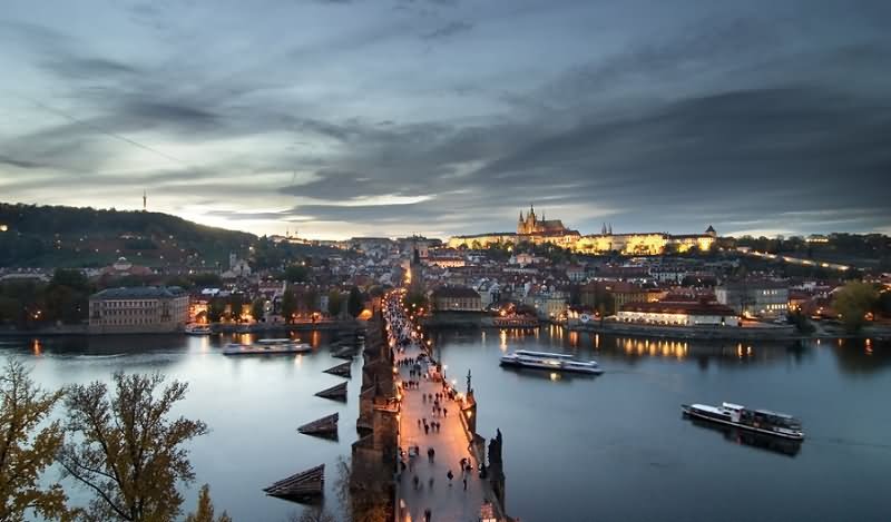 Aerial View Of The Charles Bridge During Sunset