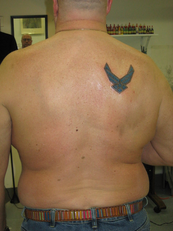Air Force Military Logo Tattoo On Right Back Shoulder
