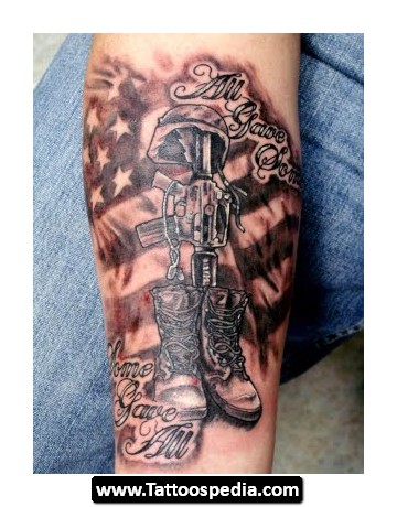 All Gave Some Some Gave All - USA Flag With Military Equipments Tattoo Design For Forearm