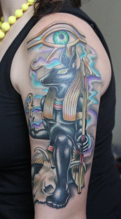 Amazing Anubis Tattoo On Girl Left Half Sleeve