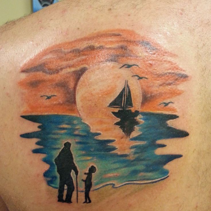 Amazing Beach Scenery Tattoo On Left Back Shoulder