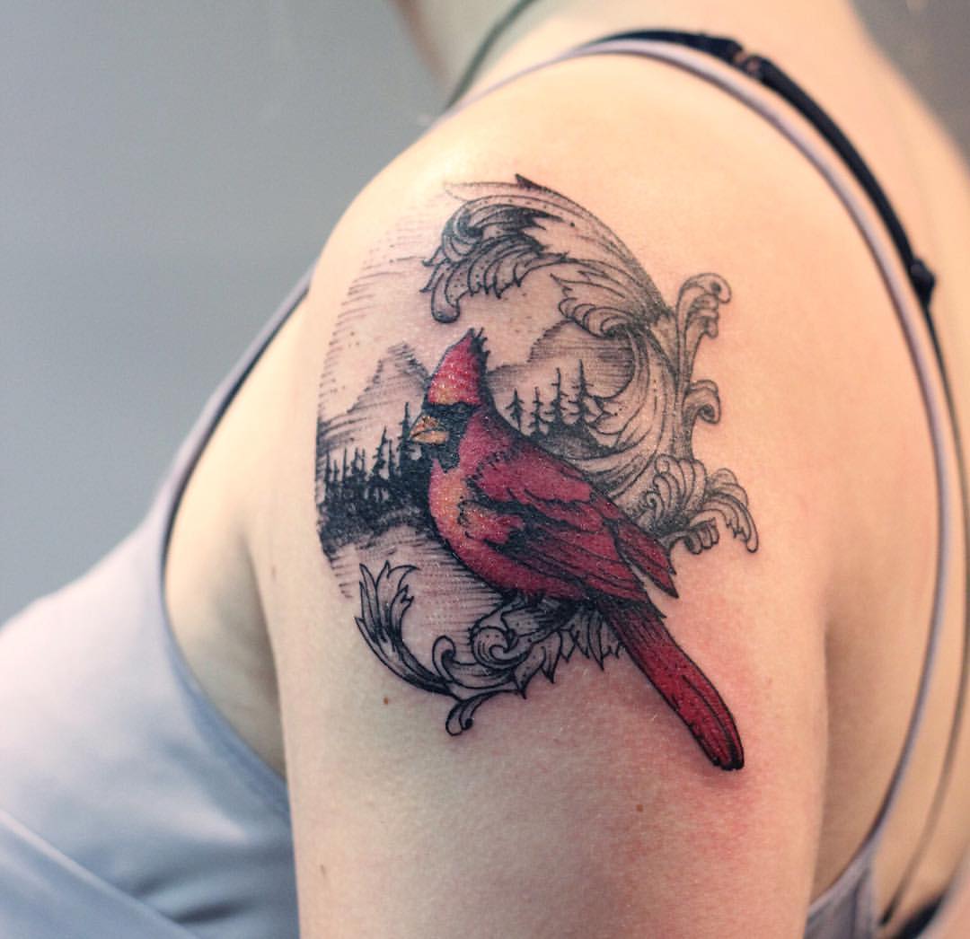 Amazing Bird Scenery Tattoo On Girl Left Shoulder