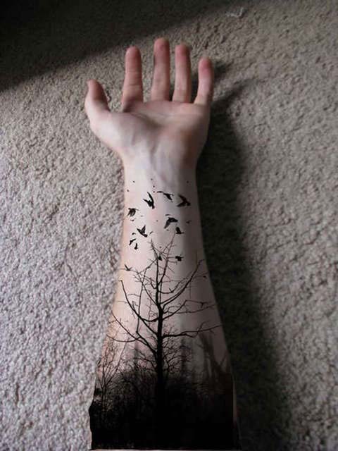 Amazing Black Forest Scenery Tattoo On Forearm