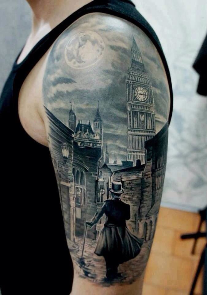 Amazing Grey Ink Scenery Tattoo On Man Left Half Sleeve