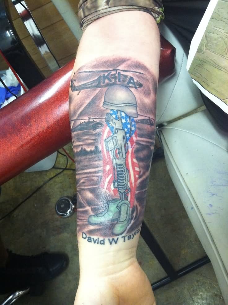 Amazing Memorial USA Flag Military With Equipments Tattoo On Forearm