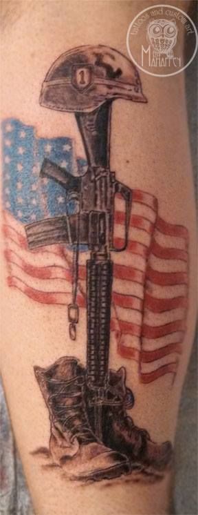 Amazing USA Flag With Memorial Military Boots Rifle Helmet Tattoo Design