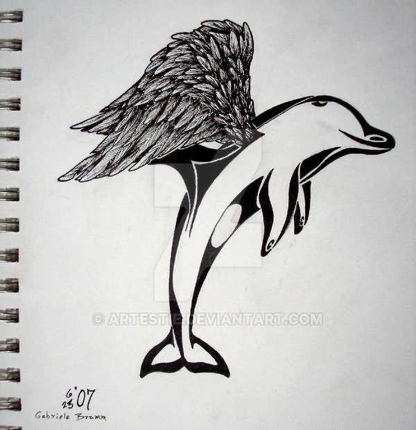 Angel Winged Dolphin Tattoo Design