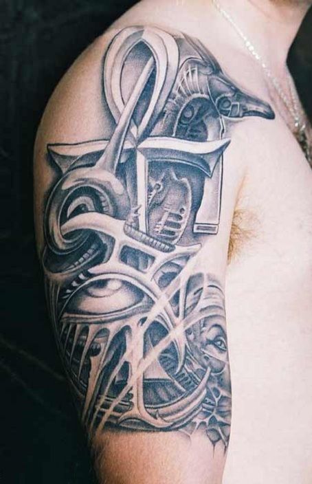 Ankh Anubis Tattoo On Man Right Half Sleeve