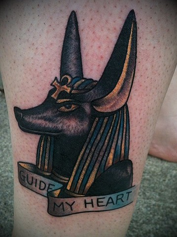 Anubis Head With Guide My Heart Banner Tattoo