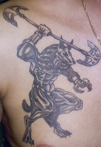 Anubis Tattoo On Man Front Shoulder