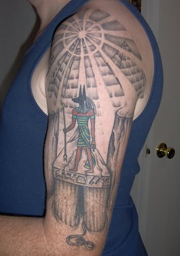 Anubis Tattoo On Man Left Half Sleeve