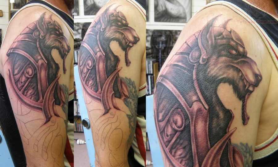 Anubis Tattoo On Right Shoulder