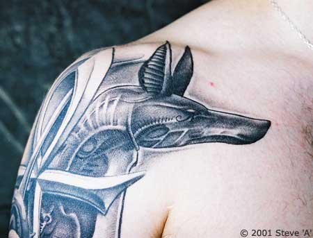 Anubis Tattoo On Upper Shoulder