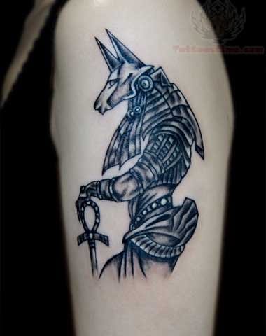 Anubis With Ankh Tattoo On Left Shoulder